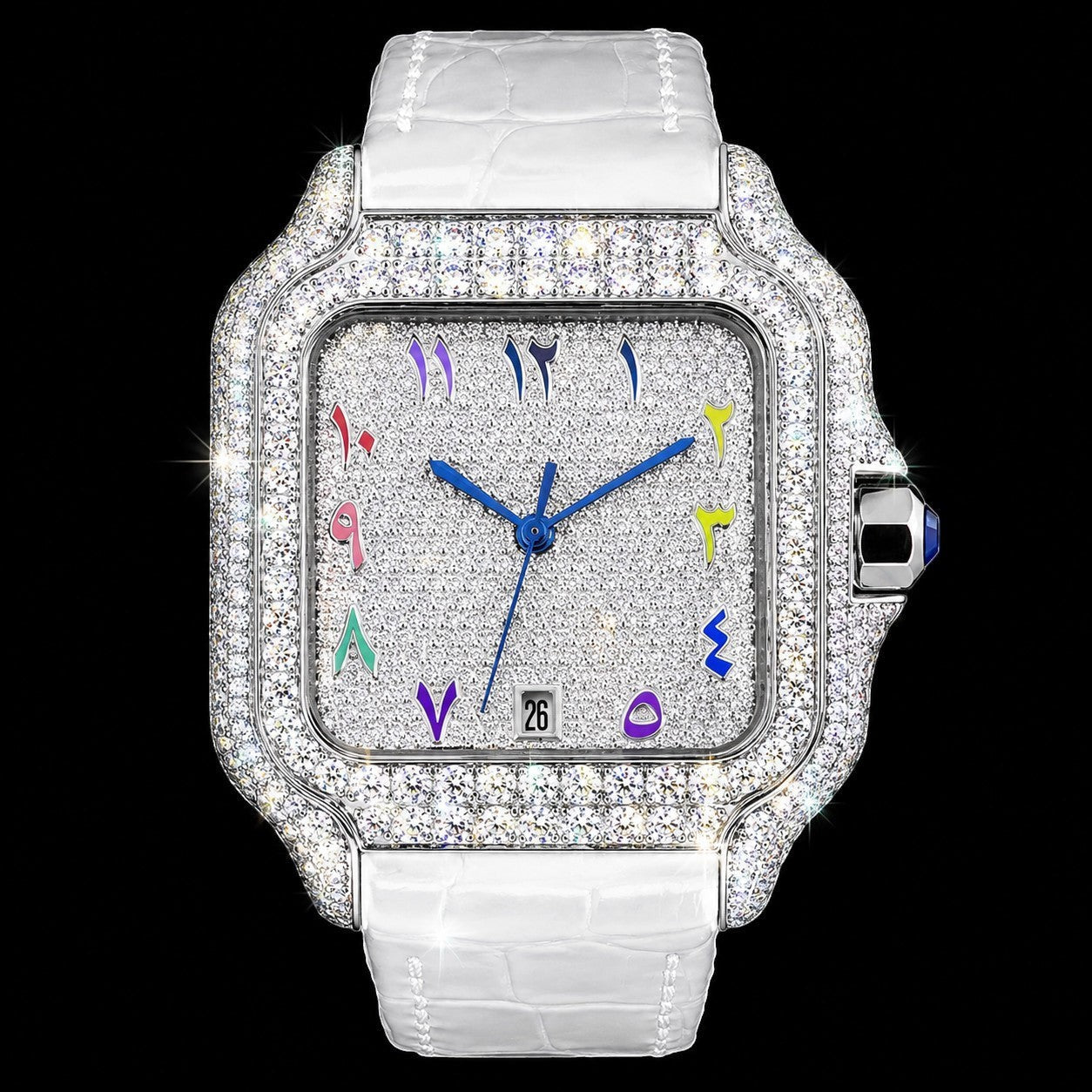 Petey's jewelry Silver moissanite iced-out square watch with colorful Arabic numerals and white band.