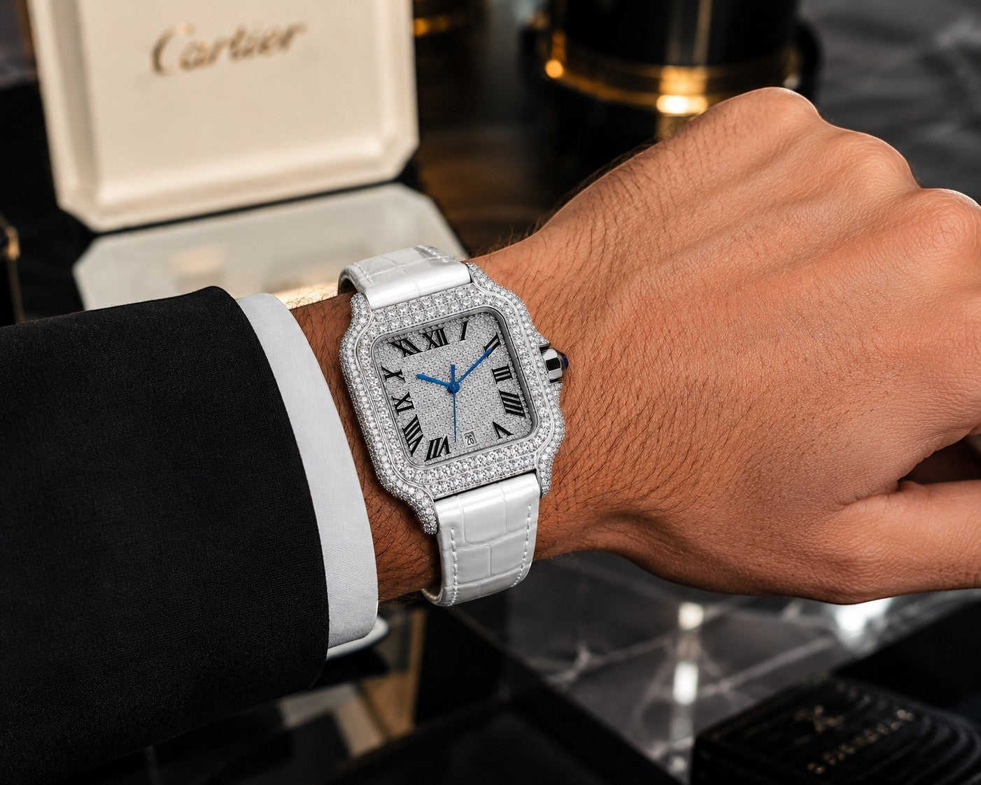 Petey's jewelry Silver moissanite iced-out square watch with white band and blue hands. Features Roman numerals and a date window.