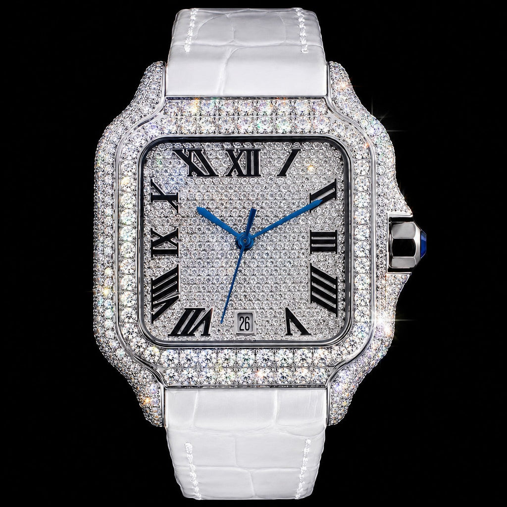 Petey's jewelry Silver moissanite iced-out square watch with white band and Roman numerals.
