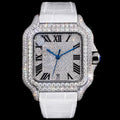 Petey's jewelry Silver moissanite iced-out square watch with white band and Roman numerals.
