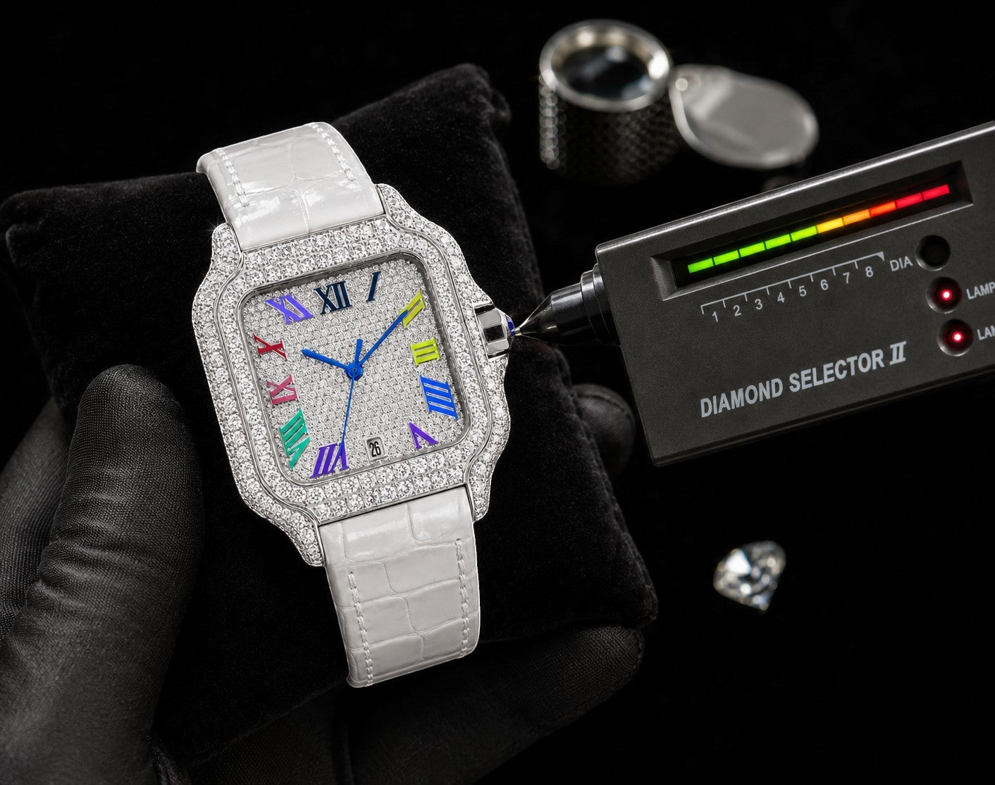 Petey's jewelry Silver moissanite iced-out square watch with white band and colorful Roman numerals. Passes diamond tester.