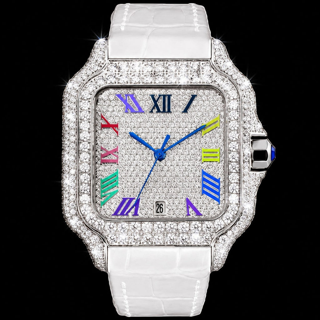 Petey's jewelry silver moissanite iced-out square watch with white band and colorful Roman numerals.