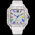 Petey's jewelry silver moissanite iced-out square watch with white band and colorful Roman numerals.