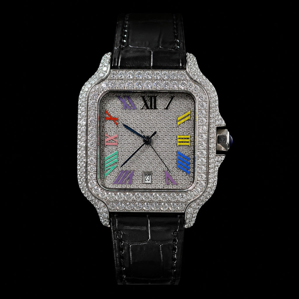 Petey's jewelry Silver moissanite iced-out square watch with colorful Arabic numerals and black band.