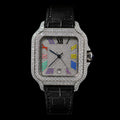 Petey's jewelry Silver moissanite iced-out square watch with colorful Arabic numerals and black band.