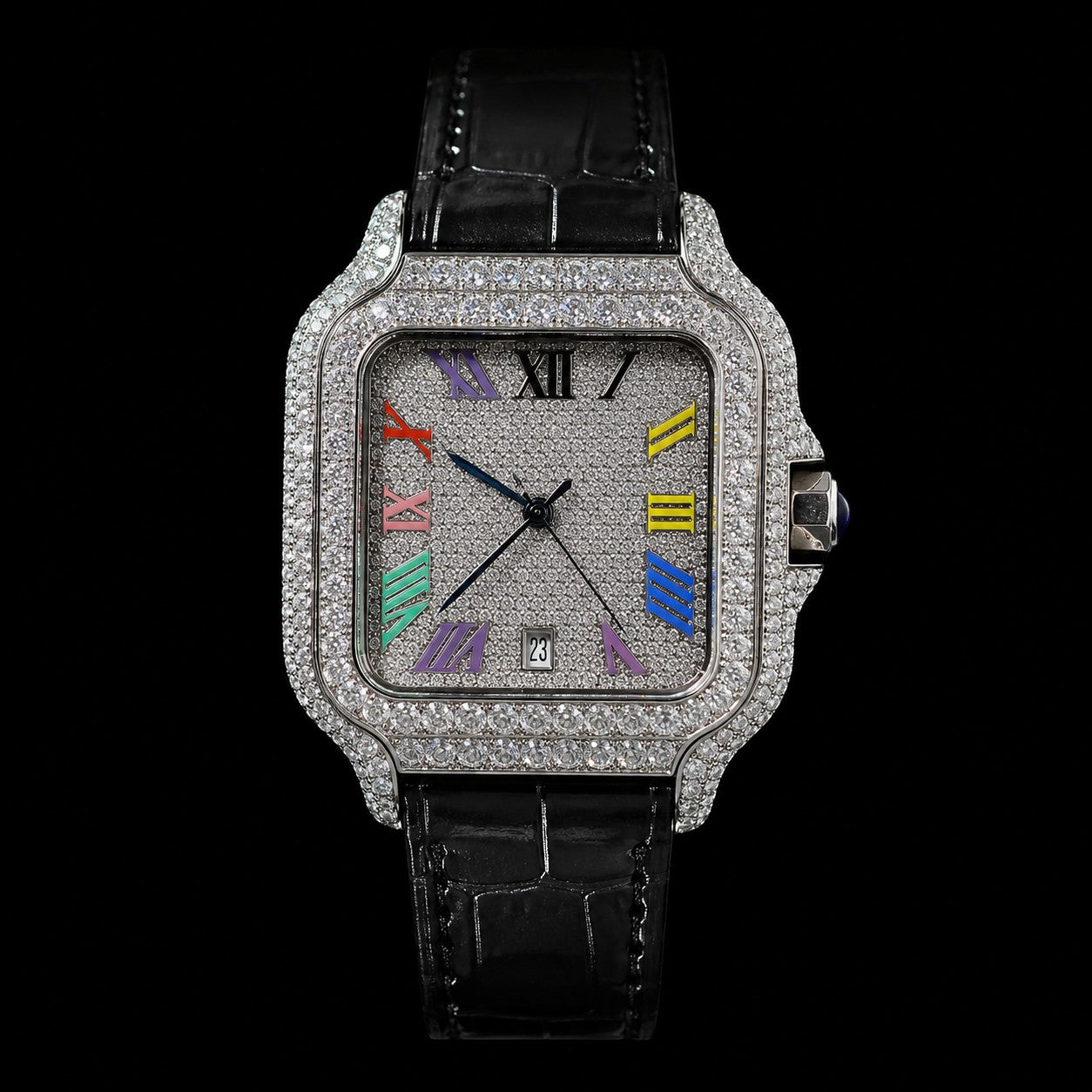 Petey's jewelry Silver moissanite iced-out square watch with colorful Arabic numerals and black band.