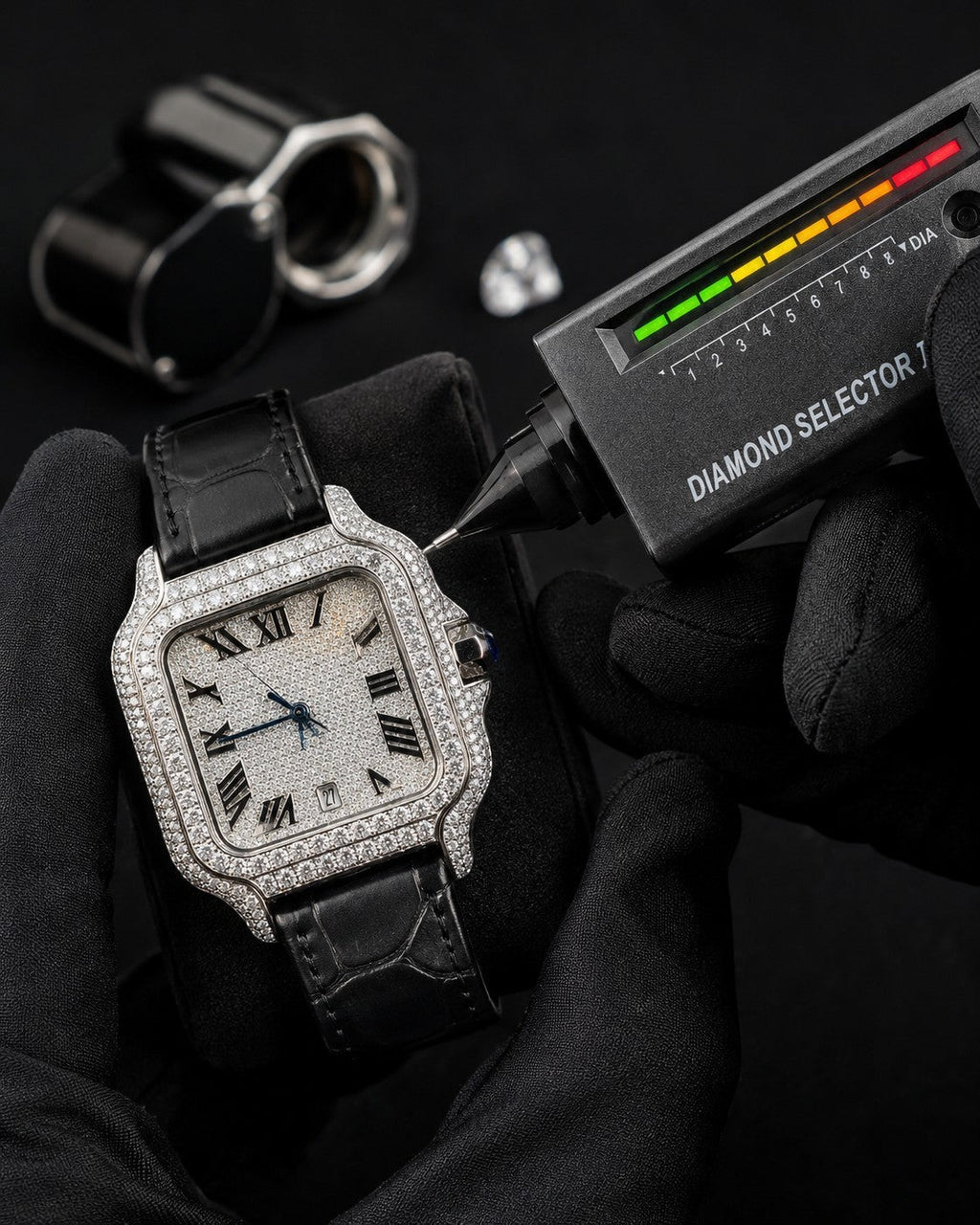Petey's jewelry Silver moissanite iced-out square watch with black band and Roman numerals, tested with a diamond selector.