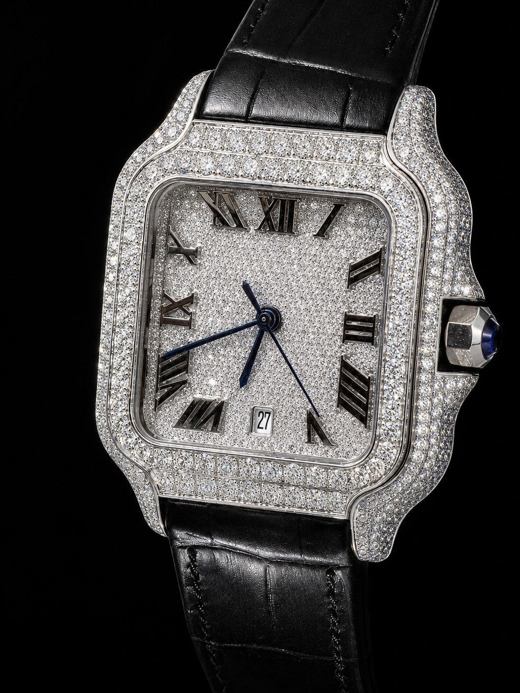 Petey's jewelry Silver moissanite iced-out square watch with black band and Roman numerals.