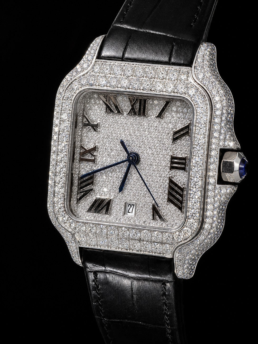 Petey's jewelry Silver moissanite iced-out square watch with black band and Roman numerals.